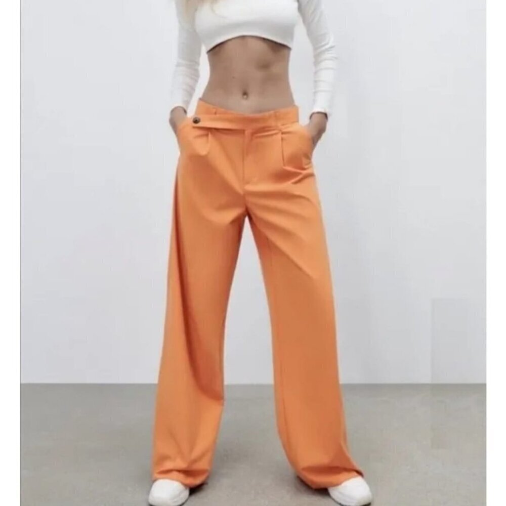Zara Asymmetric Waist Full Length Wide Leg Orange Pants Size Medium